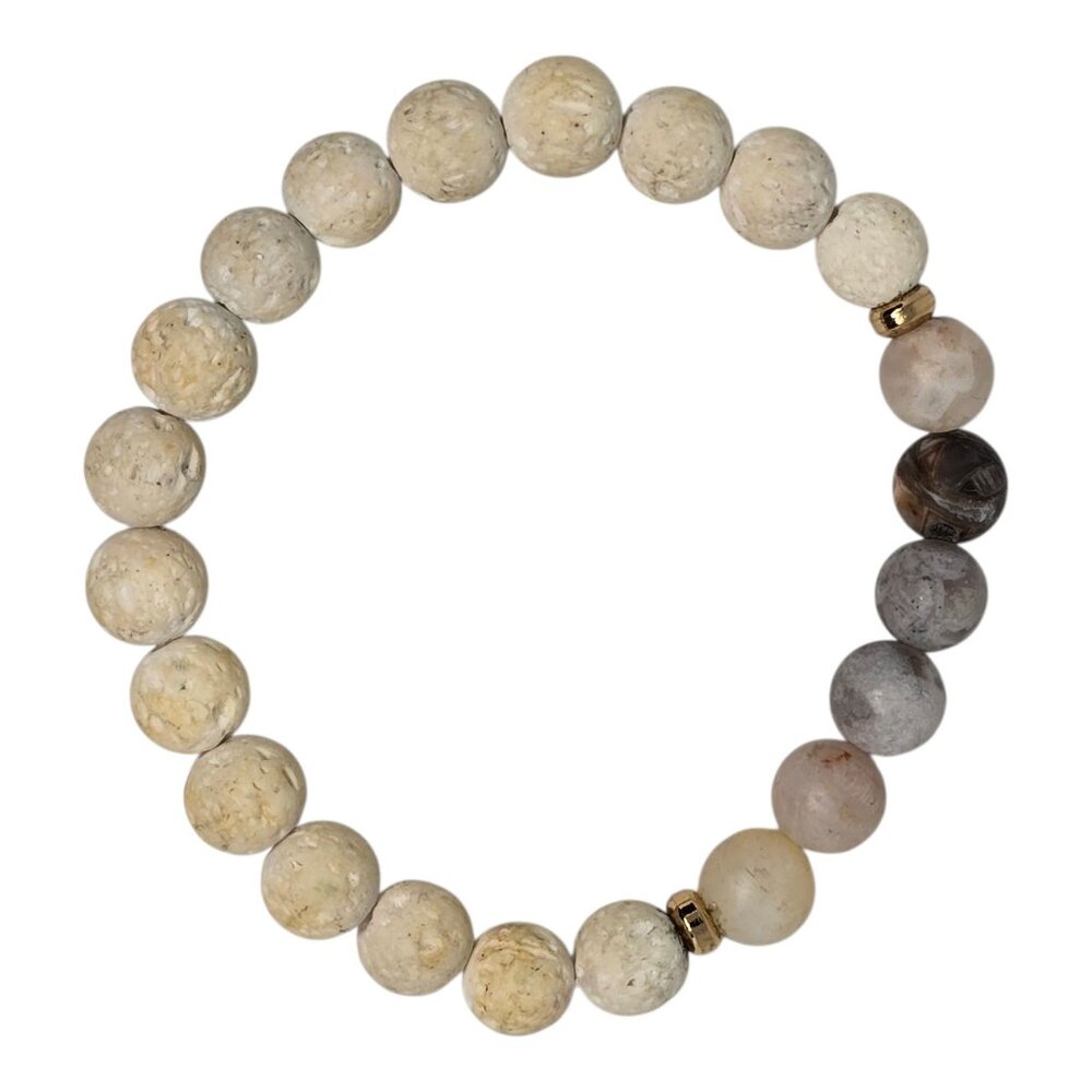 Natural Stone Beaded Stretch Bracelet Jasper Agate Fossil Coral Style Gold Space